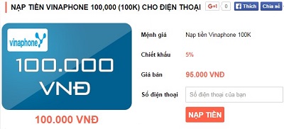 Nạp tiền online Vinaphone trên vienthong.com.vn